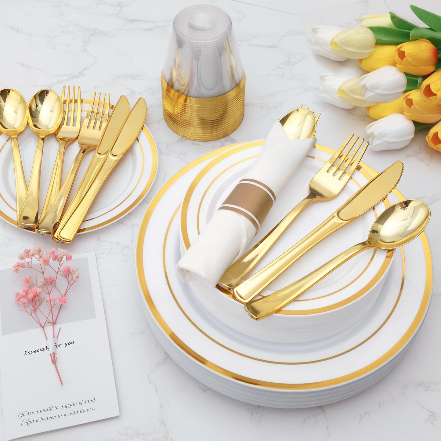 Goodluck Disposable White with Double Gold Rim Pre-Rolled Napkins Plastic Dinnerware Set