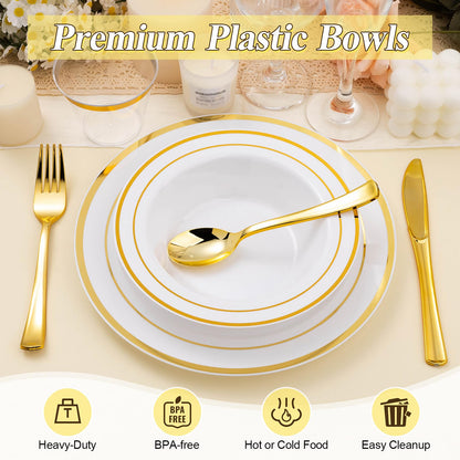 Goodluck 12-Ounce Disposable Soup Bowls with Gold Rims for Parties