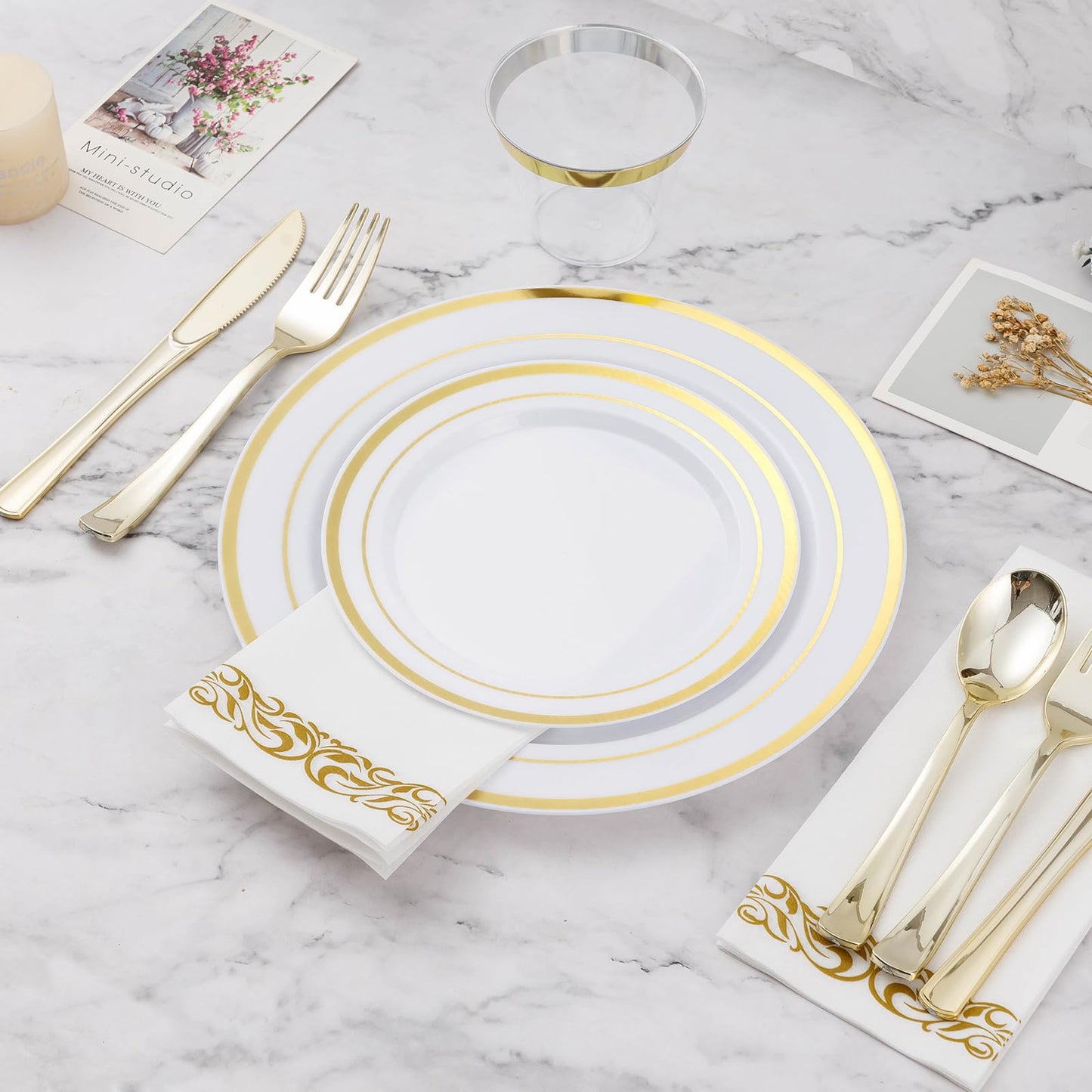 Goodluck Disposable White with Double Gold Rim Plastic Dinnerware Set