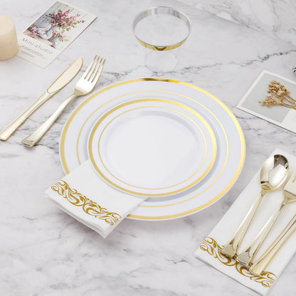 Goodluck Disposable White with Double Gold Rim Plastic Dinnerware Set