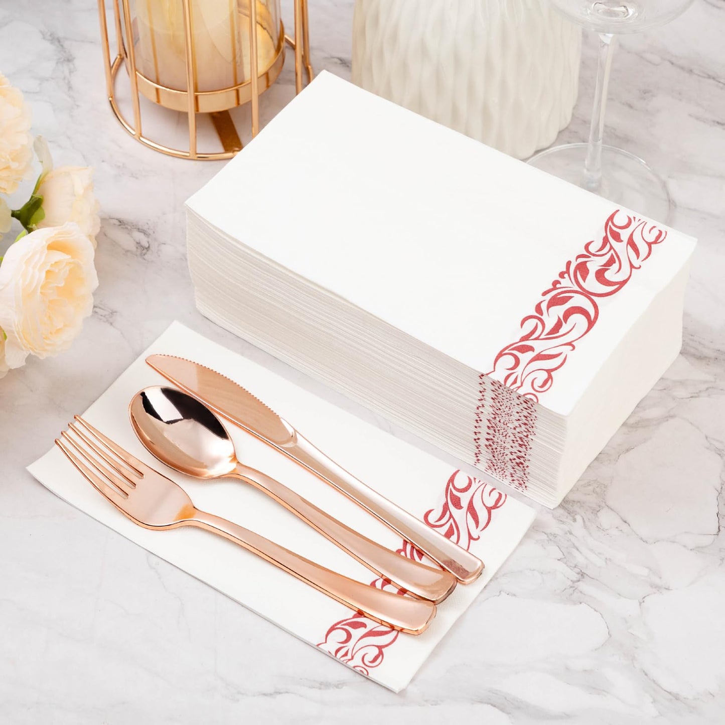 Goodluck 200 Pack 3-Ply Disposable Dinner Napkins with Rose Gold Trim Perfect for Kitchen, Dinner, Party, Wedding, or Event