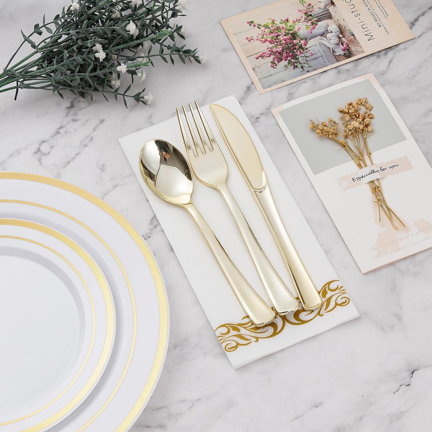 Goodluck Disposable White with Double Gold Rim Plastic Dinnerware Set