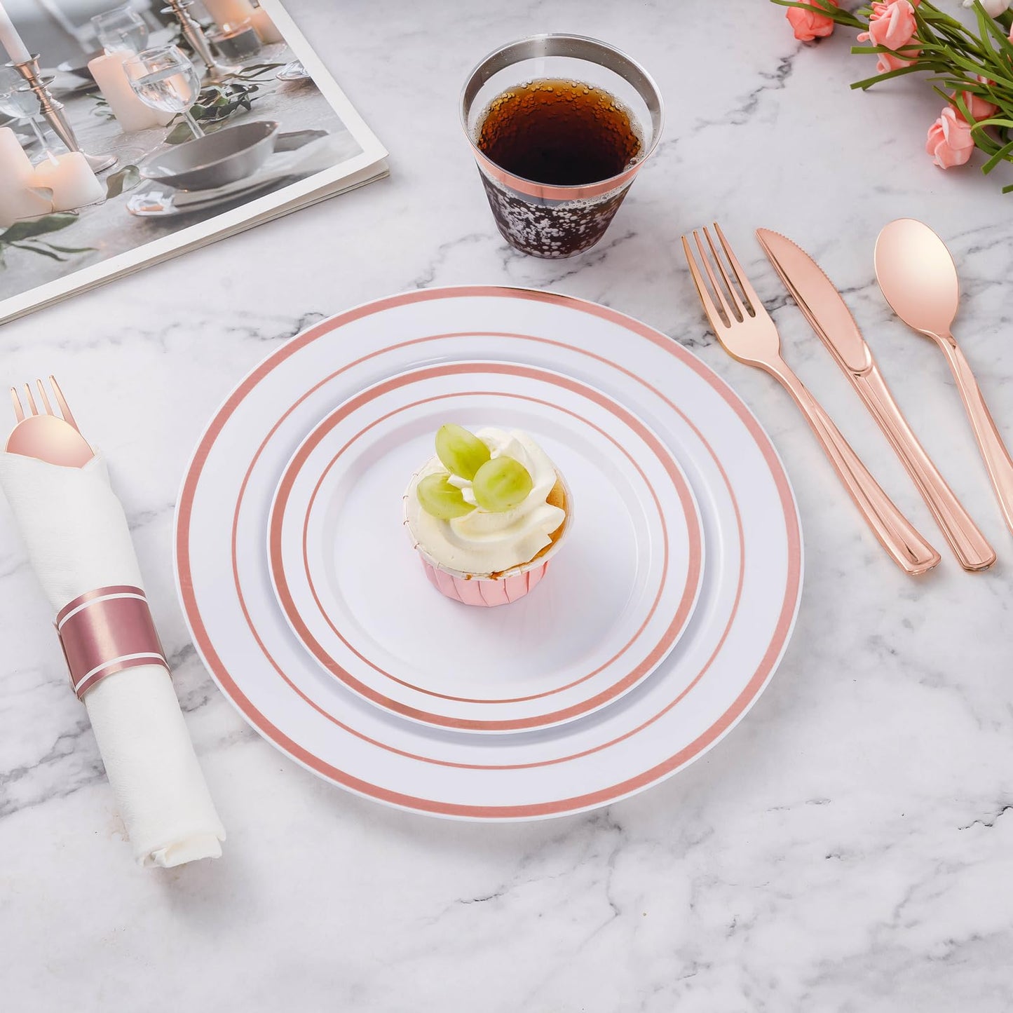 Goodluck Disposable Rose Gold Plastic Dinnerware Set with Pre-Rolled Napkins