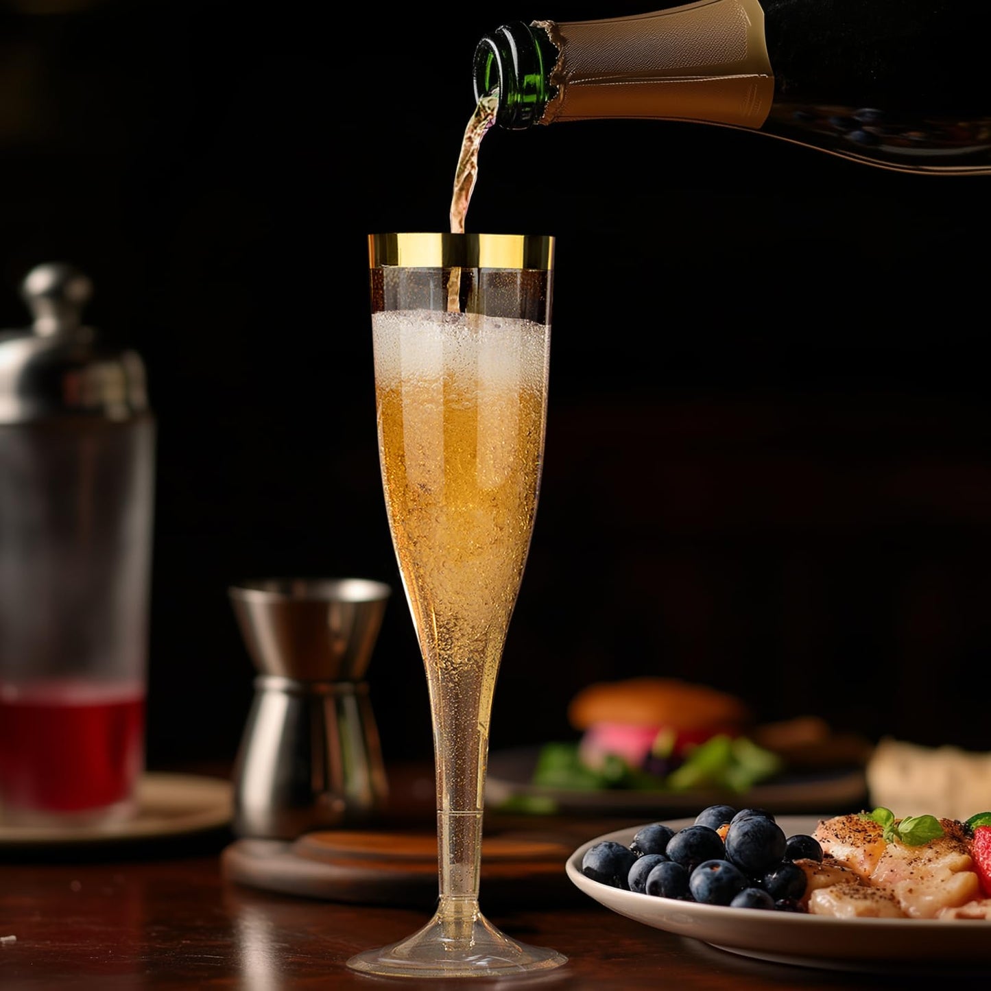 Goodluck 6.5 oz Disposable Plastic Gold Glitter Champagne Flutes with Gold Rim for Wedding, Engagement, Party, Mimosa Bar