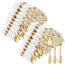 Goodluck 400 Pack Disposable Gold Utensil Sets with Pre-Rolled Napkins for 100 Guests