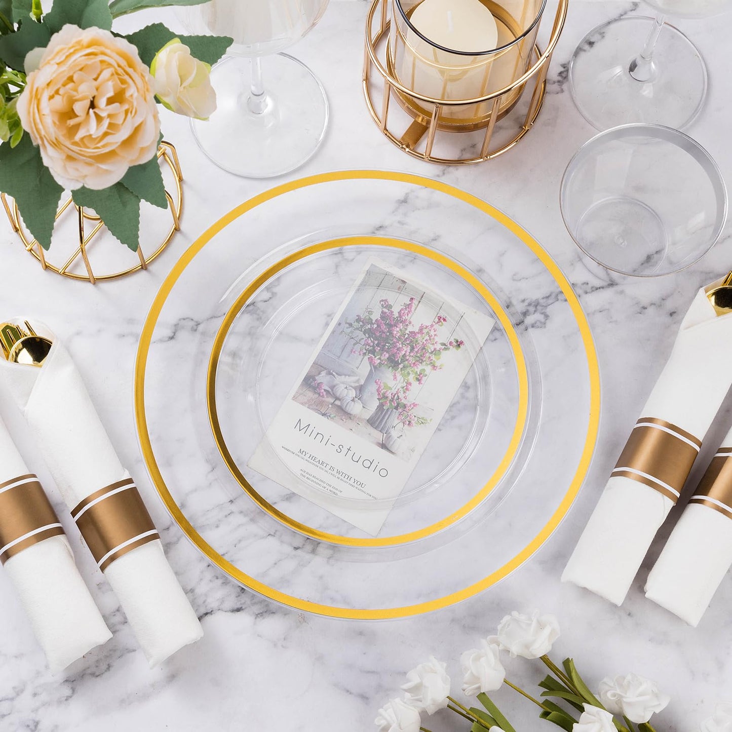 Goodluck 350 Piece Disposable Clear with Gold Rim Plastic  Dinnerware Set for 50 Guests