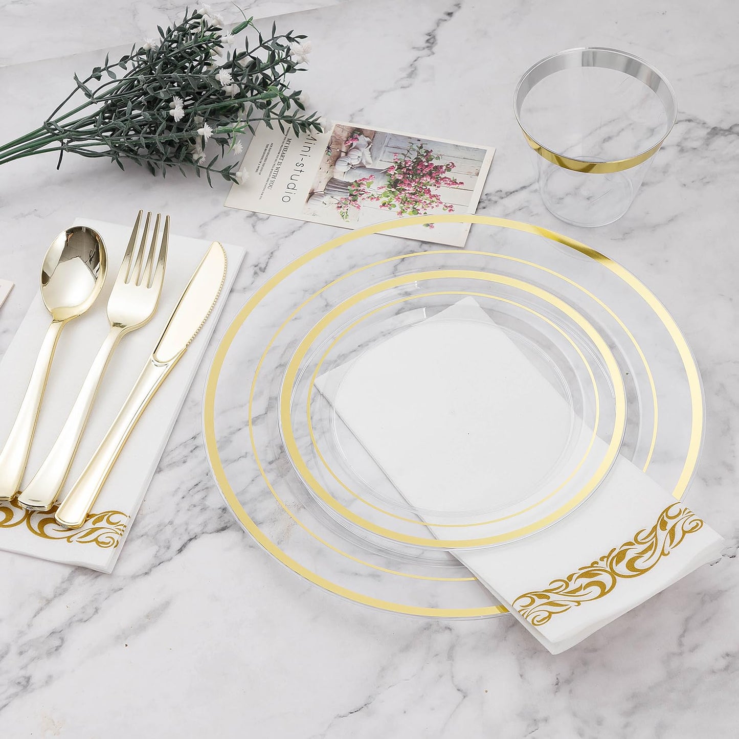Goodluck 700-Piece Clear Gold Disposable Dinnerware Set for 100 Guests