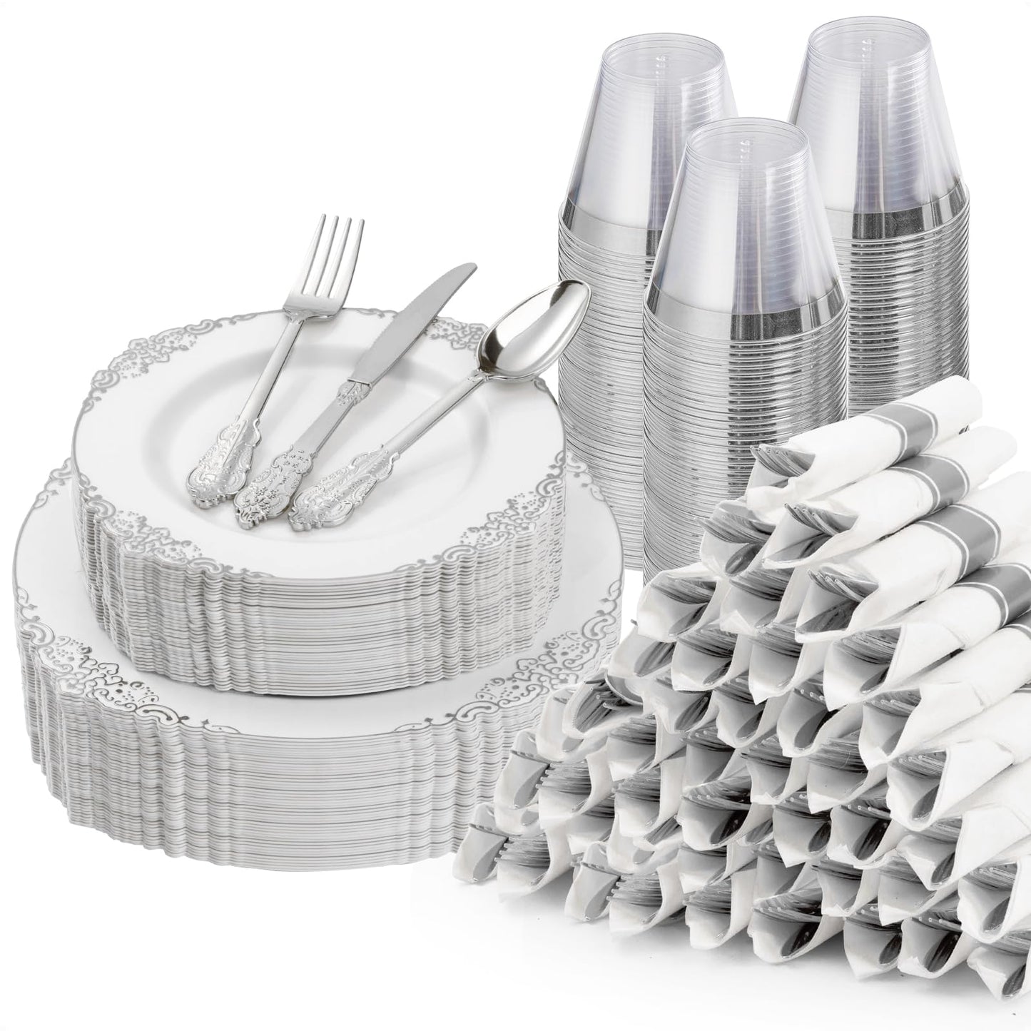 Goodluck 350PCS Disposable Silver Plastic Dinnerware Sets for 50 Guests