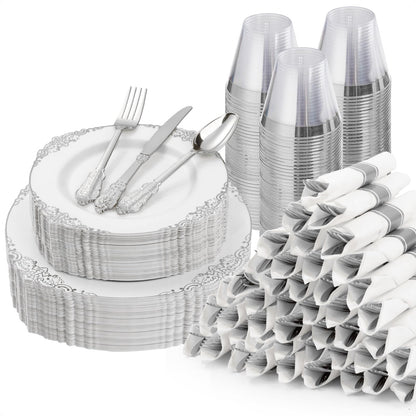 Goodluck 350PCS Disposable Silver Plastic Dinnerware Sets for 50 Guests