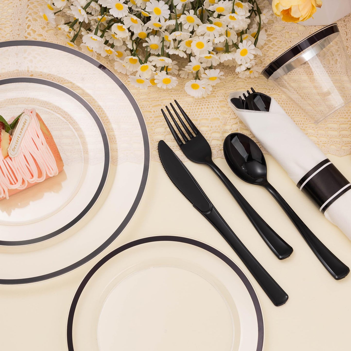 Goodluck 350-Piece Disposable Clear with Black Rim Plastic Dinnerware Set for 50 Guests