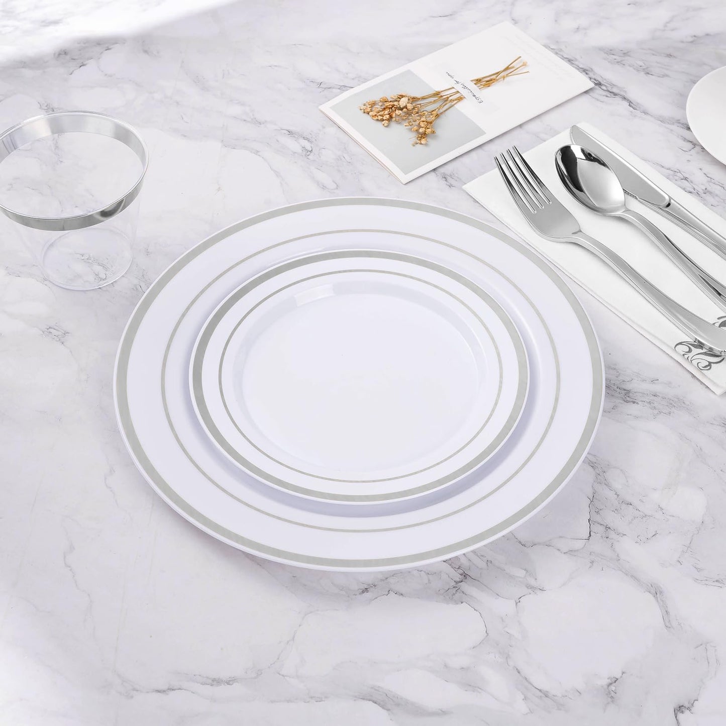 Goodluck 100-Piece 7 Inch Disposable White with Double Silver Rim Plastic Plate