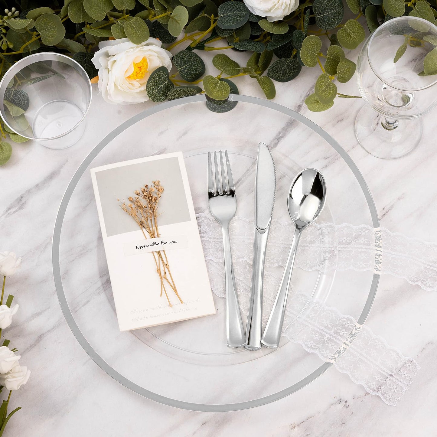 Goodluck 50 Pack 12 Inch Disposable Clear with Silver Rim Charger Plates