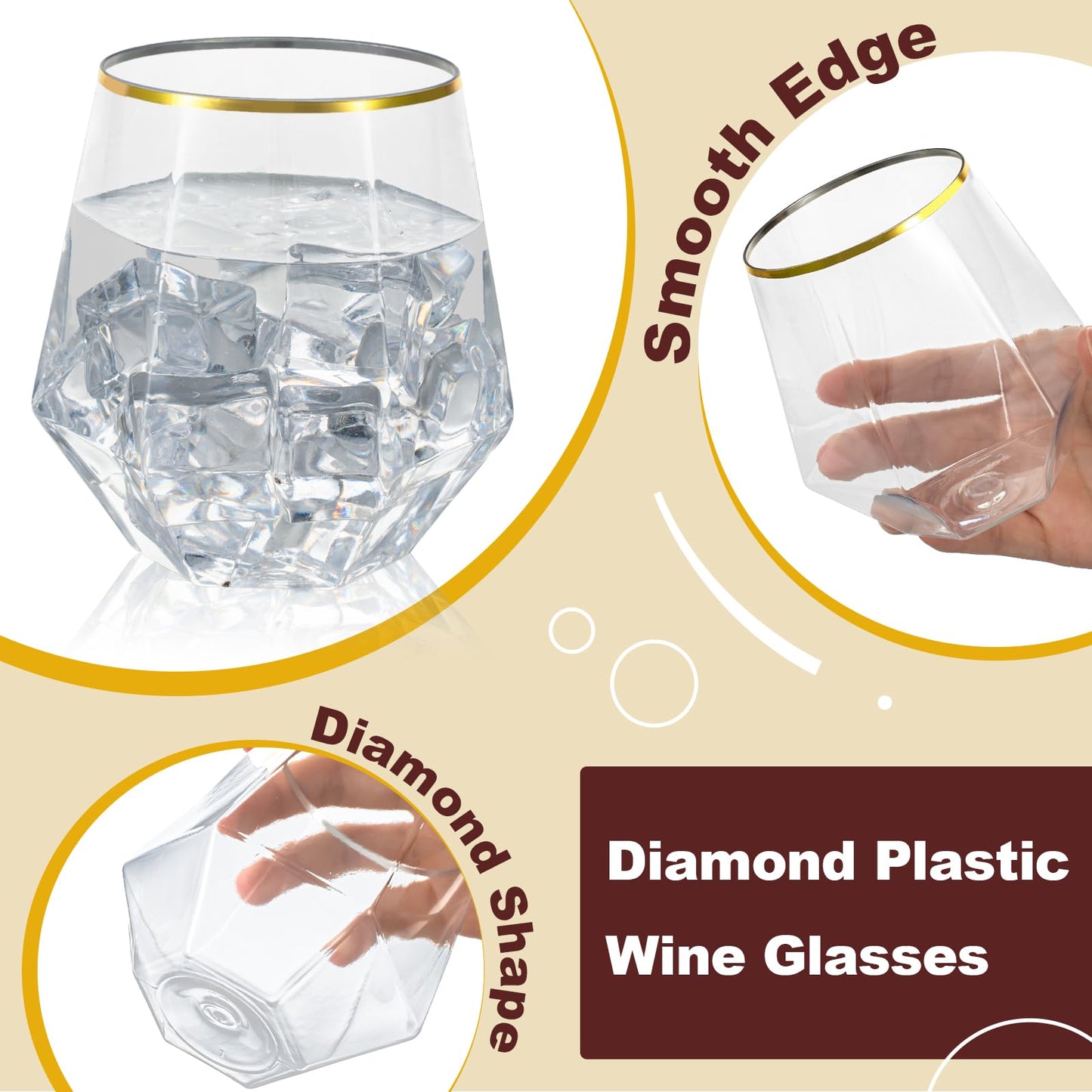 Goodluck 40 Pack 12 Oz Diamond Stemless Plastic Wine with Gold Rim Glasses for Whiskey or Cocktail