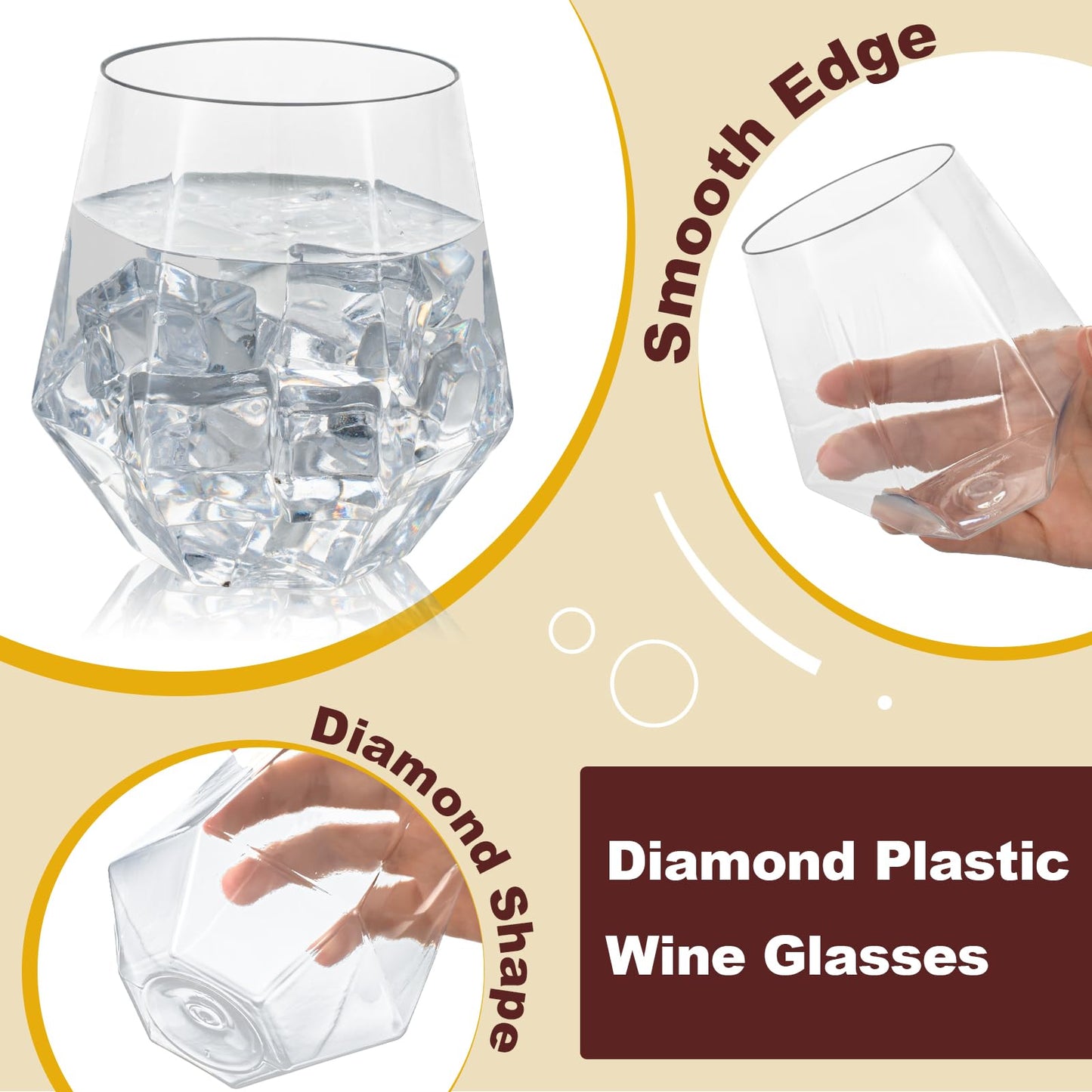 Goodluck 40 Pack 12 Oz Diamond Stemless Clear Plastic Wine for Whiskey or Cocktail