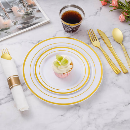 Goodluck Disposable White with Double Gold Rim Pre-Rolled Napkins Plastic Dinnerware Set