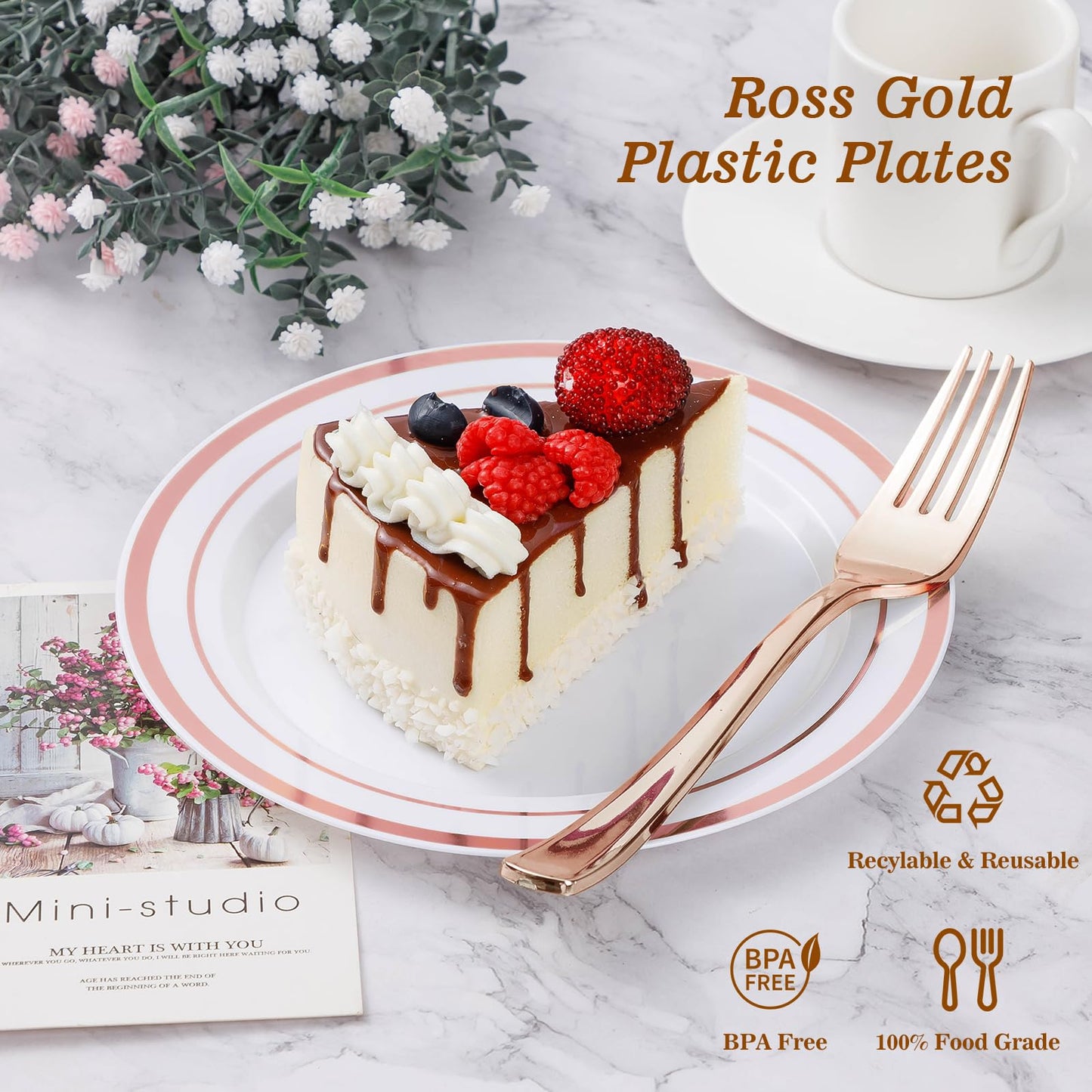Goodluck 200-Piece Disposable Rose Gold Plastic Plate Set