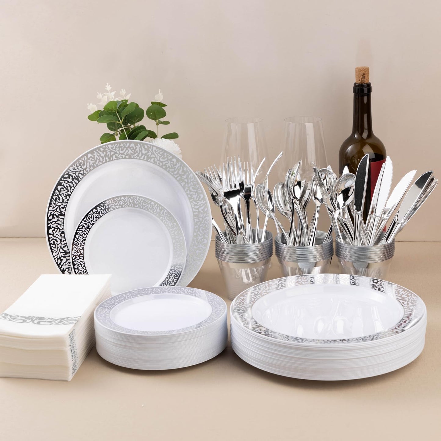 Goodluck 700PCS Disposable Silver Plastic Dinnerware Sets for 100 Guests