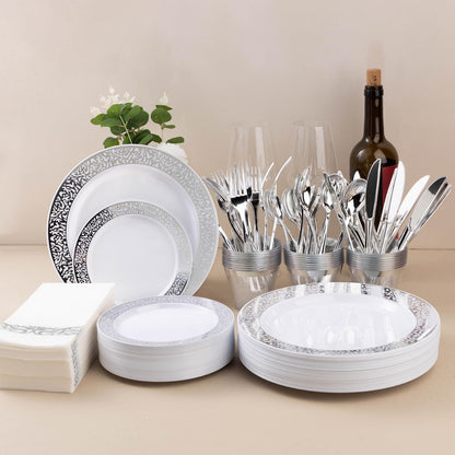Goodluck 700PCS Disposable Silver Plastic Dinnerware Sets for 100 Guests