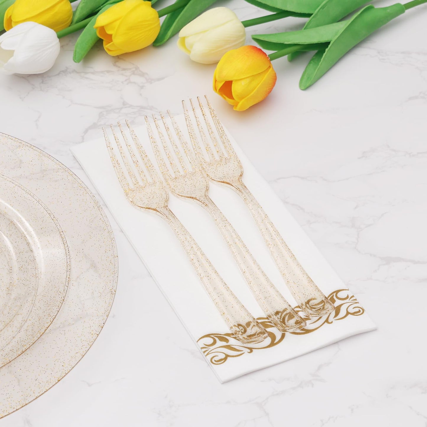 Goodluck Disposable Heavy Duty Gold Glitter Plastic Forks for Weddings, Parties, Dinners, and Thanksgiving