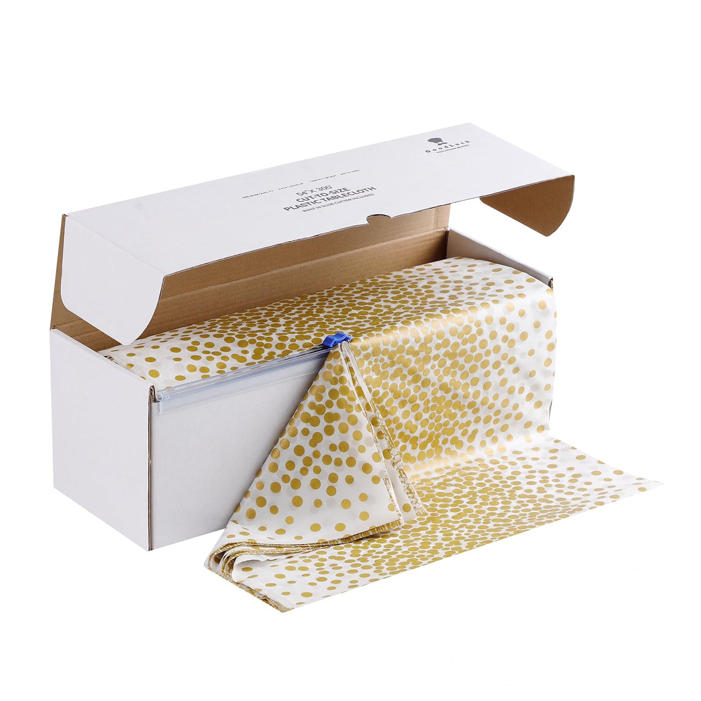 Goodluck 54 Inch X 300 Feet White Gold Dot Plastic Table Cloths with Cutter Box