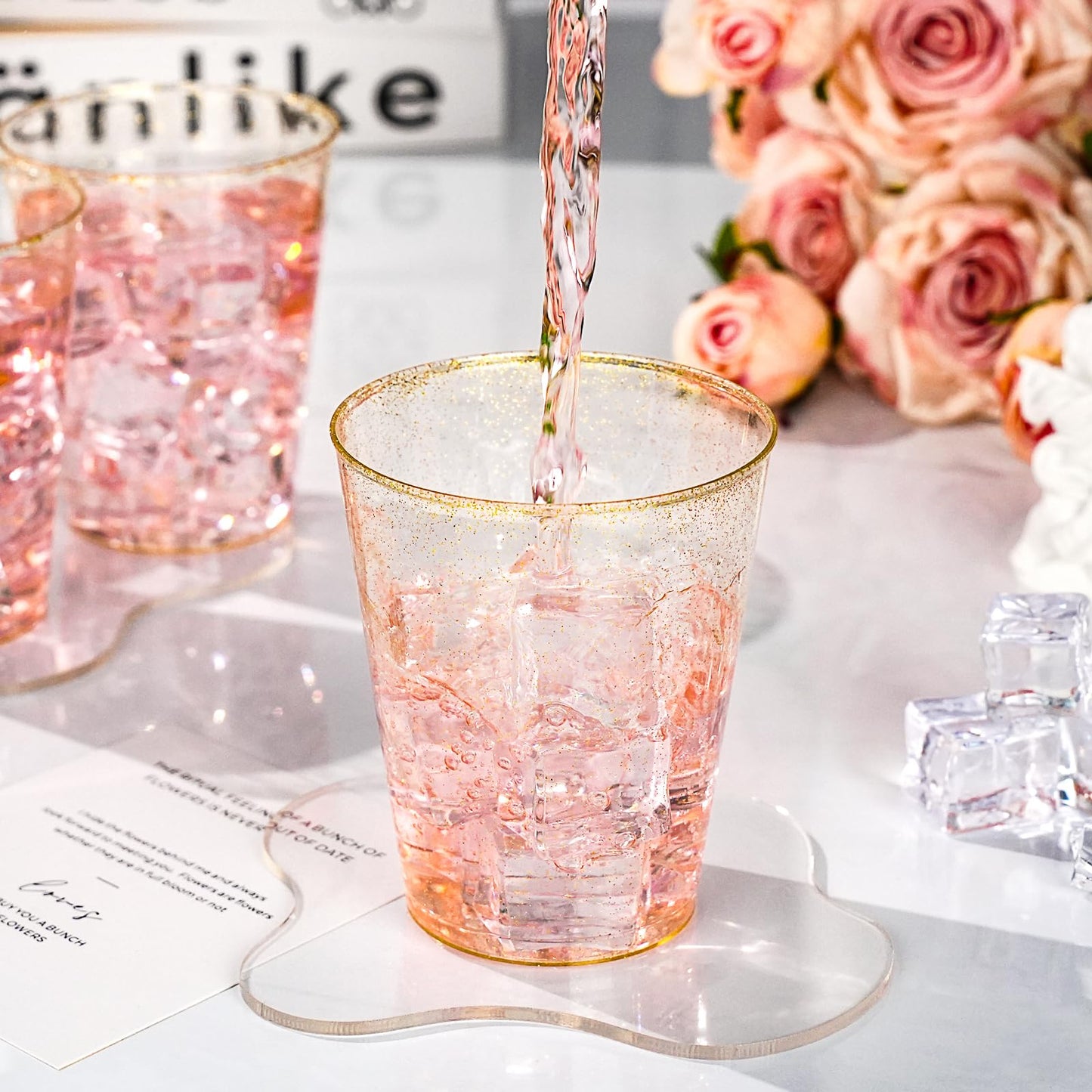 Goodluck 12 oz Disposable Gold Glitter Plastic Cups