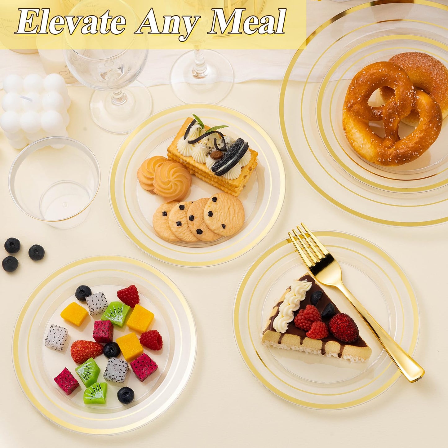 Goodluck 200-Piece Disposable Clear with Double Gold Rim Plastic Plates Set for Parties