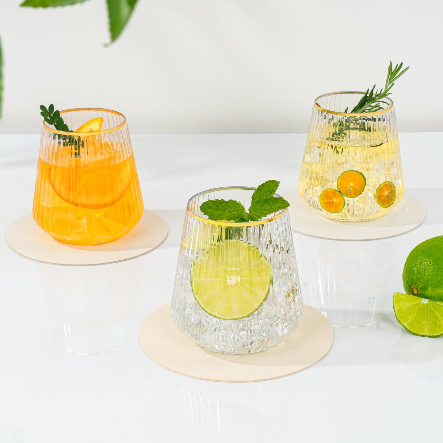 Goodluck 36 Pcs 12 oz Plastic Clear with Gold Rim Ribbed Wine Glasses for Champagne and Whiskey