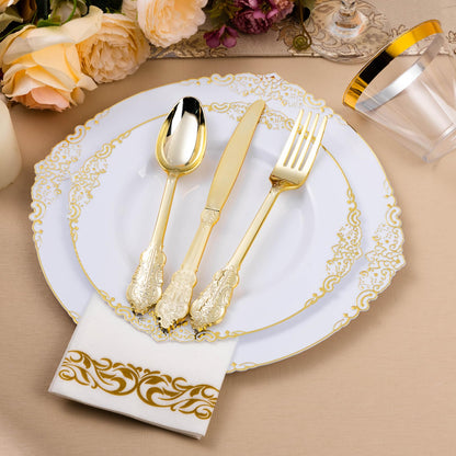 Goodluck 350PCS Disposable White with Gold Rim Plastic Dinnerware Set for 50 Guests