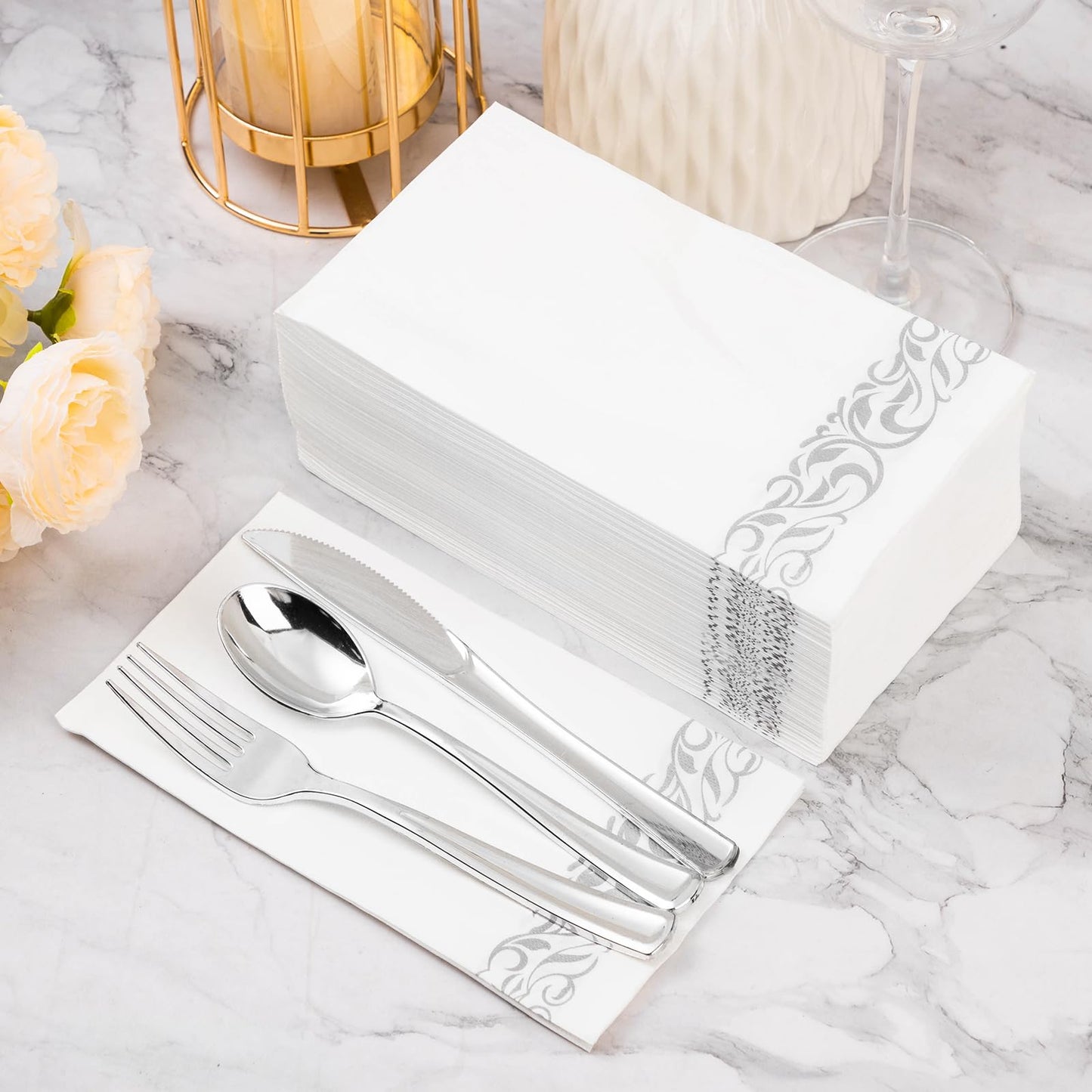 Goodluck 3-Ply Dinner Disposable Napkins with Silver Trim Perfect for Kitchen, Dinner, Party, Wedding, or Event
