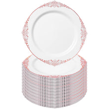 Goodluck 100PCS Heavy Duty Disposable Rose Gold Plastic Plates with Vintage Silver Trim for Weddings, Parties, Events