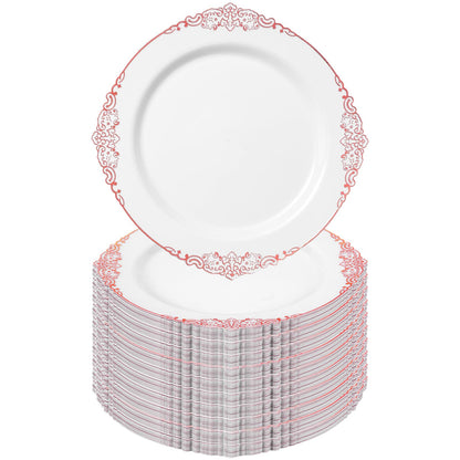 Goodluck 100PCS Heavy Duty Disposable Rose Gold Plastic Plates with Vintage Silver Trim for Weddings, Parties, Events