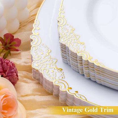 Goodluck Disposable White and Gold Plastic Plates for Party, Wedding and Graduation