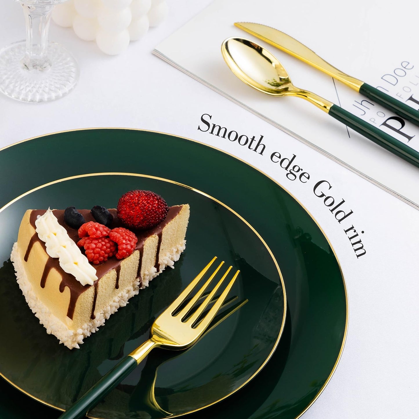 Goodluck Green with Gold Rim Disposable Plastic Plates for Party, Wedding