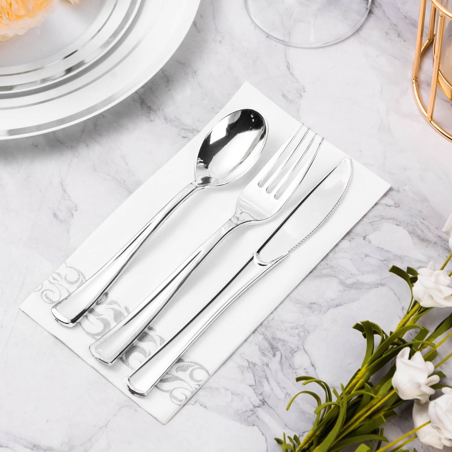 Goodluck 3-Ply Dinner Disposable Napkins with Silver Trim Perfect for Kitchen, Dinner, Party, Wedding, or Event