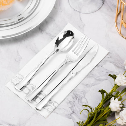 Goodluck 3-Ply Dinner Disposable Napkins with Silver Trim Perfect for Kitchen, Dinner, Party, Wedding, or Event