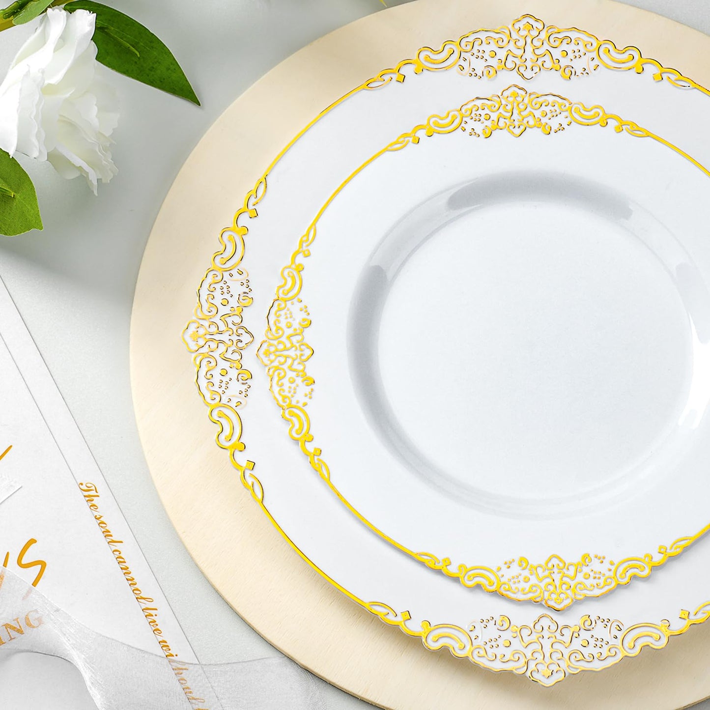 Goodluck 350PCS Disposable Retro White with Gold Rim Plastic Dinnerware for 50 Guests