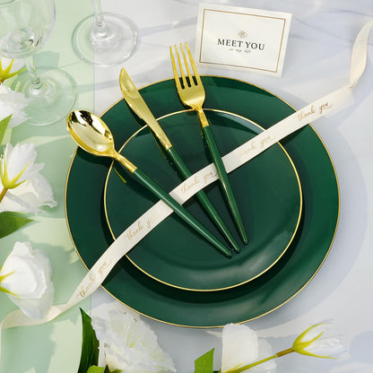 Goodluck Green with Gold Rim Disposable Plastic Plates for Party, Wedding