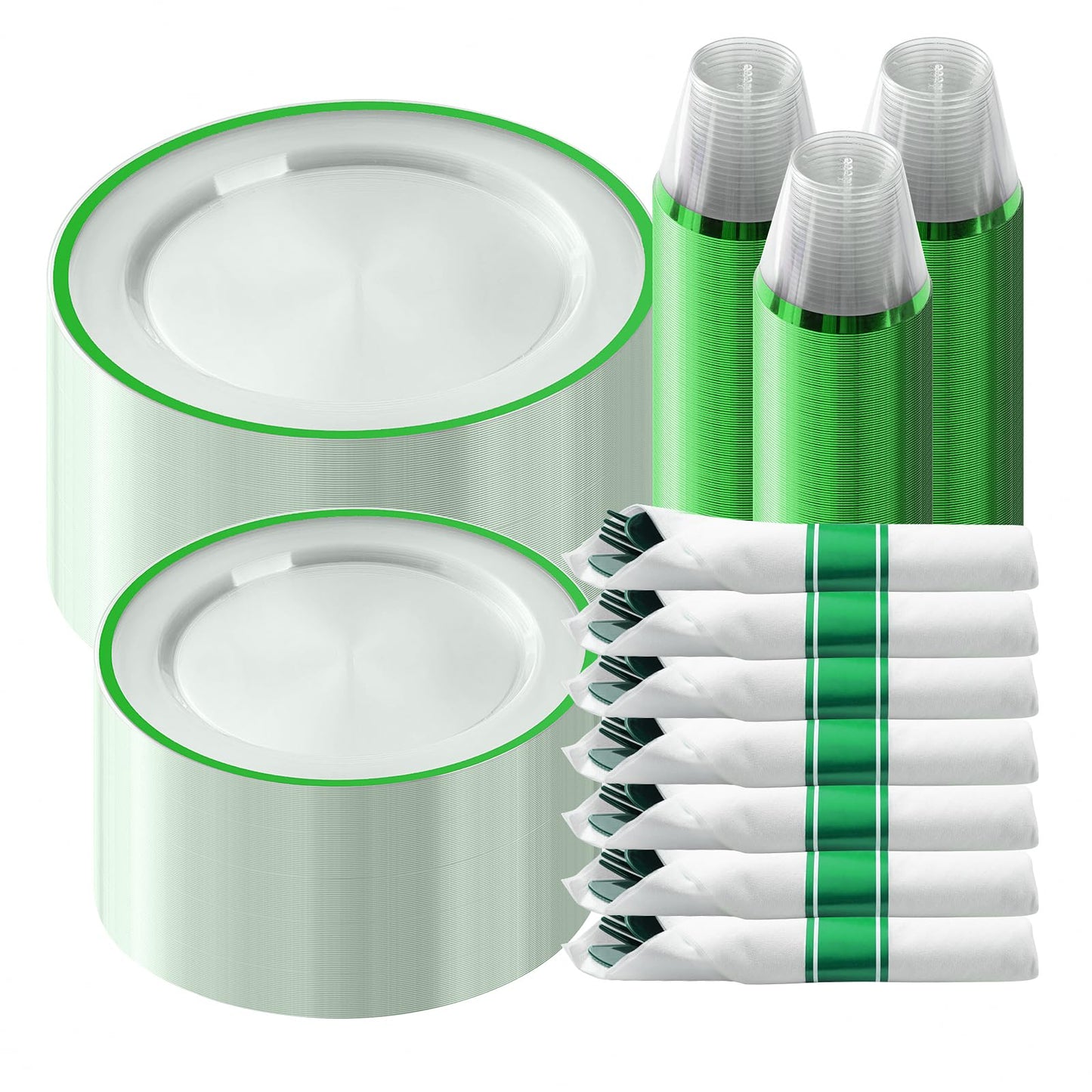 Goodluck 350 Piece Disposable Clear with Green Rim Plastic Dinnerware Set for 50 Guests