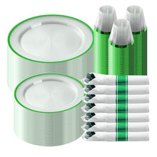 Goodluck 350 Piece Disposable Clear with Green Rim Plastic Dinnerware Set for 50 Guests