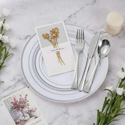 Goodluck 600-Piece Disposable Double Silver Rim Plastic Dinnerware Set for 100 Guests