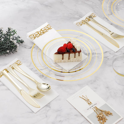 Goodluck 700-Piece Clear Gold Disposable Dinnerware Set for 100 Guests