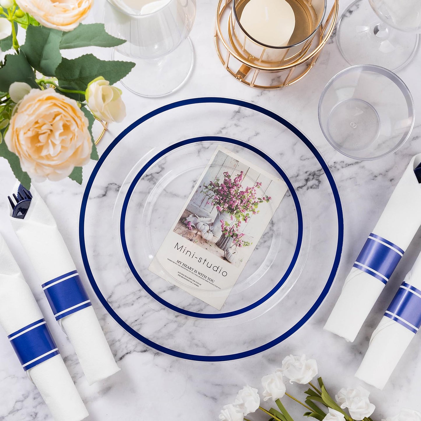 Goodluck Clear with Dark Blue Rim Plastic Dinnerware Set