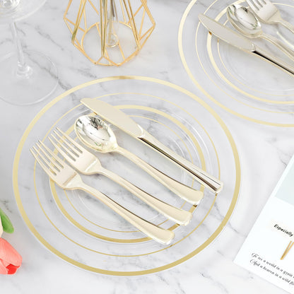 Goodluck 600-Piece Disposable Clear Gold Plastic Dinnerware Set for 100 Guests
