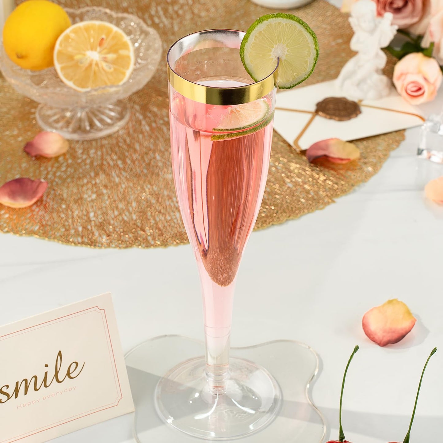 Goodluck 36 Pack 6.5 oz Disposable Plastic Clear Champagne Flutes with Gold Rim Wedding, Engagement, Party, Mimosa Bar