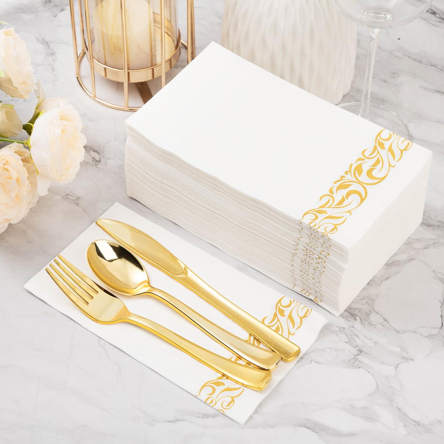 Goodluck Disposable 3-Ply with Gold Trim Dinner Paper Napkins