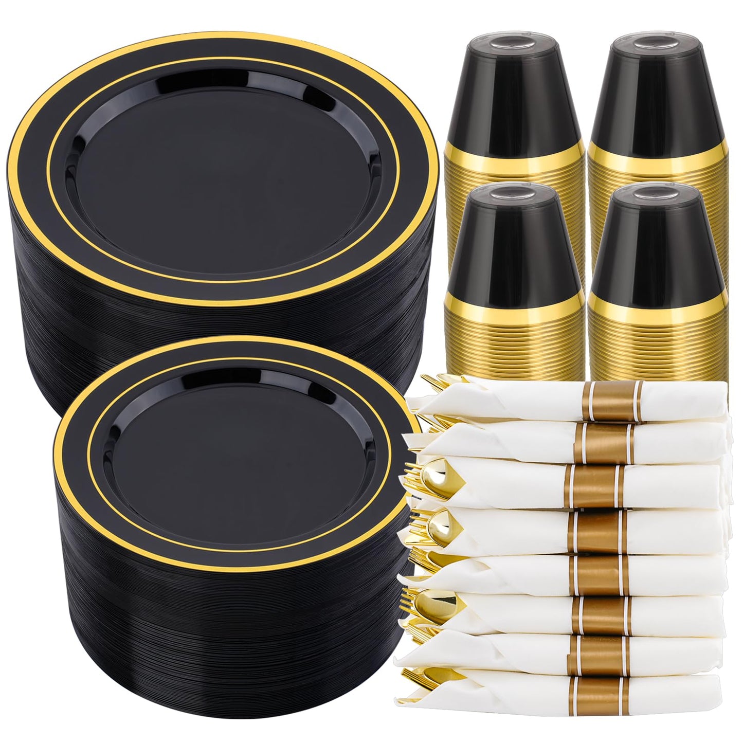 Goodluck 350-Piece Disposable Black Plastic Dinnerware Set for 50 Guests