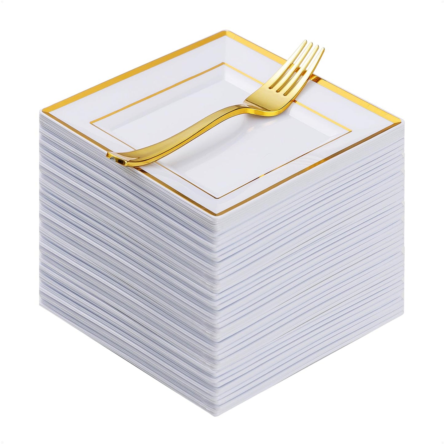 Goodluck 120 Pieces Gold Square Plastic Plates with Forks for 60 Guests