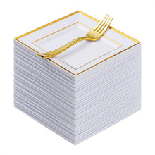 Goodluck 120 Pieces Gold Square Plastic Plates with Forks for 60 Guests