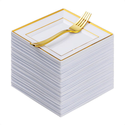 Goodluck 120 Pieces Gold Square Plastic Plates with Forks for 60 Guests