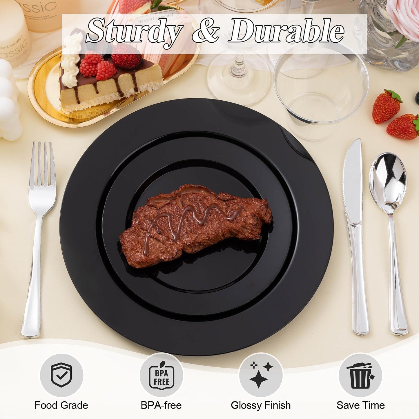 Goodluck Disposable Black Plastic Plates Set